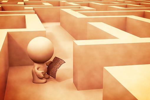 cute 3d human character exploring a maze structure using a map – vintage version (3d illustration)