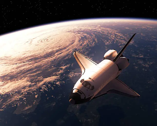 Space Shuttle Orbiting Planet Earth. 3D Illustration.