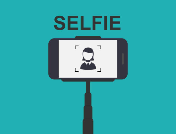 smartphone selfie. werkzeug monopod. - einbeinstativ stock-grafiken, -clipart, -cartoons und -symbole