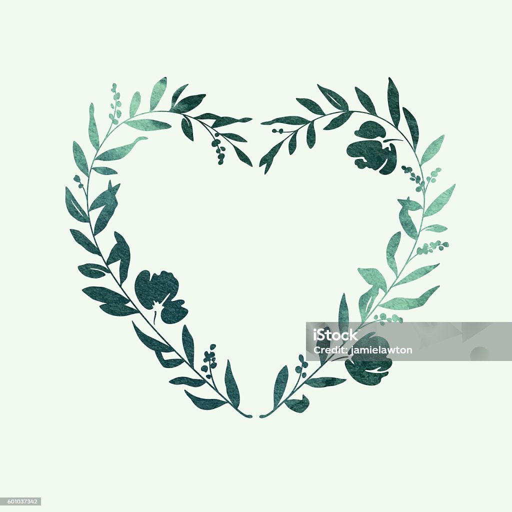 Heart Floral Wreath - Green Watercolour A beautiful heart shaped green watercolour floral wreath. Also included on a separate layer is a single solid colour version of the illustration, with leaves, branches, berries and flowers all kept as individual design elements. This allows you to easily customise the arrangement or colour to be more personal to you. This floral heart is an ideal feature for your wedding stationery, greetings card or elegant design project and the vector illustration can be scaled and printed at any size without loss of quality. Heart Shape stock vector