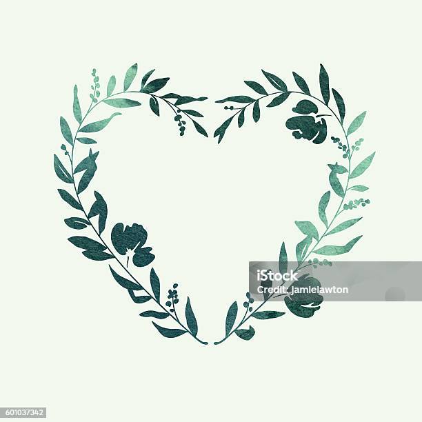 Heart Floral Wreath Green Watercolour Stock Illustration - Download Image Now - Heart Shape, Flower, Ornate