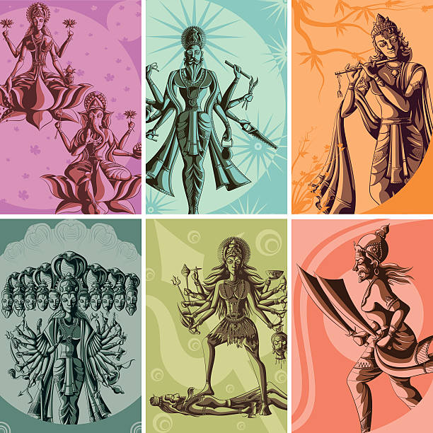 ilustraciones, imágenes clip art, dibujos animados e iconos de stock de cartel vintage religioso del dios indio y de la diosa - indian god