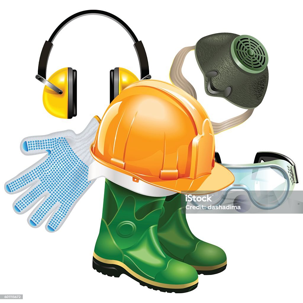 Vector Protective Equipment Concept Vector Protective Equipment Concept with construction helmet, rubber boots, earphones, respirator, goggles and mittens, isolated on white background Safety Equipment stock vector