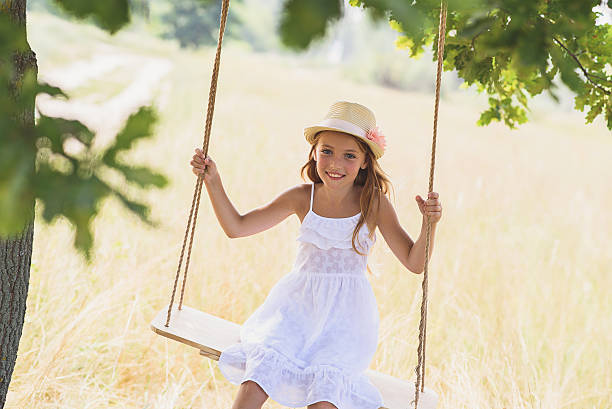 istock Joyful female child swinging in nature 601116096