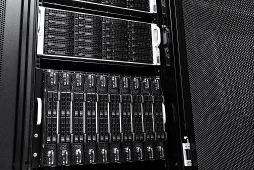 Front disk storage in a modern data center. black and white