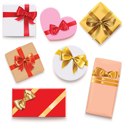 Vector cardboard gift boxes with red and golden bow, isolated on white background