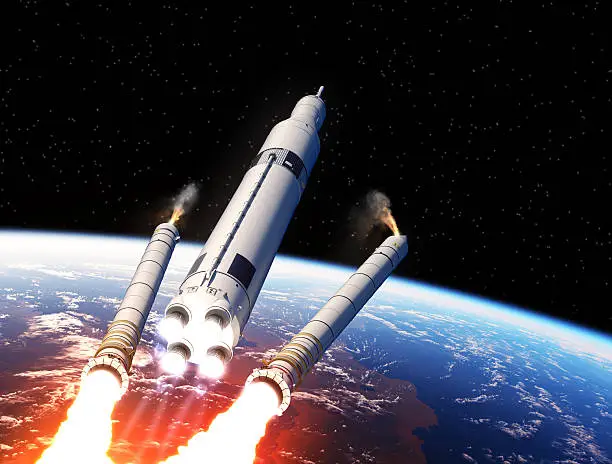 Space Launch System Solid Rocket Boosters Separation Over The Earth. 3D Illustration.
