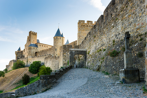 Carcasonne, France - August 2, 2016: Part of the famous medieval castle in Carcasonne. It is in the old part from Carcassonne on a hill. Here one of the entrances into the city wall.