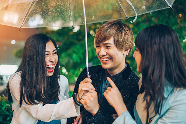 Friends outdoors at rainy night