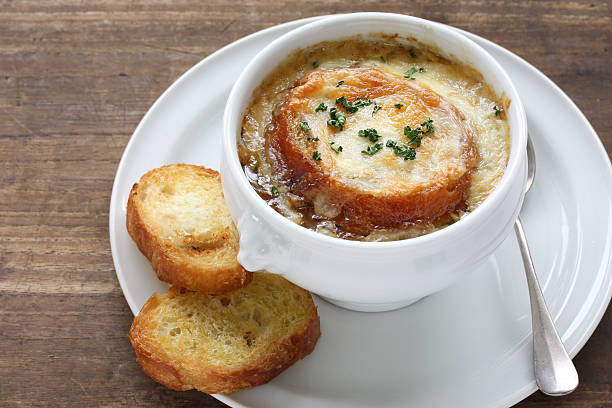 french onion gratin soup stock photo