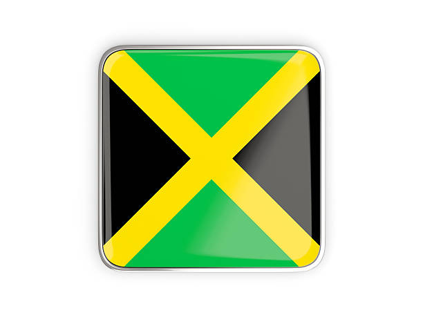 Flag of jamaica, square icon with metallic border. 3D illustration