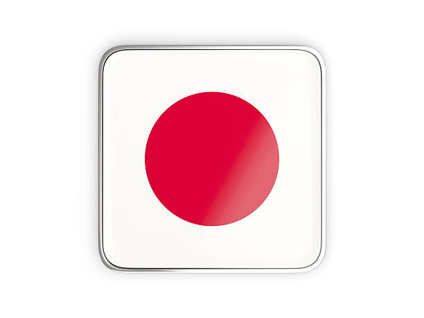 Flag of japan, square icon with metallic border. 3D illustration