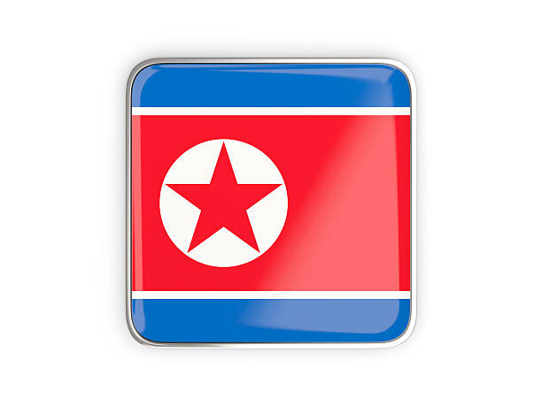 Flag of korea north, square icon with metallic border. 3D illustration