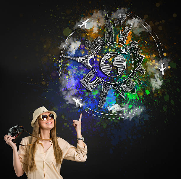 istock tourist with illustration historical monument around earth 601126466