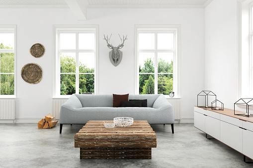 White modern living room interior with a direct view at comfortable gray sofa. There are windows showing green nature scenery. Concrete polished floor with wooden coffee table. Lots of decorative details. Horizontal composition, 3D render