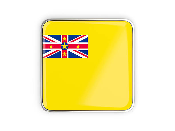 Flag of niue, square icon with metallic border. 3D illustration