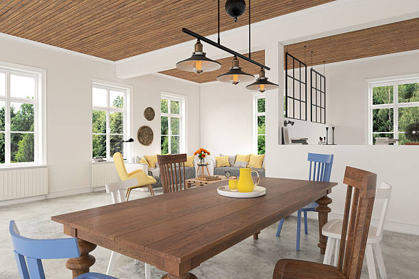 Wooden dining table with chairs close up