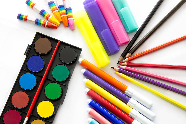 istock Colorful crayons, watercolor and  felt tip pens 601132614