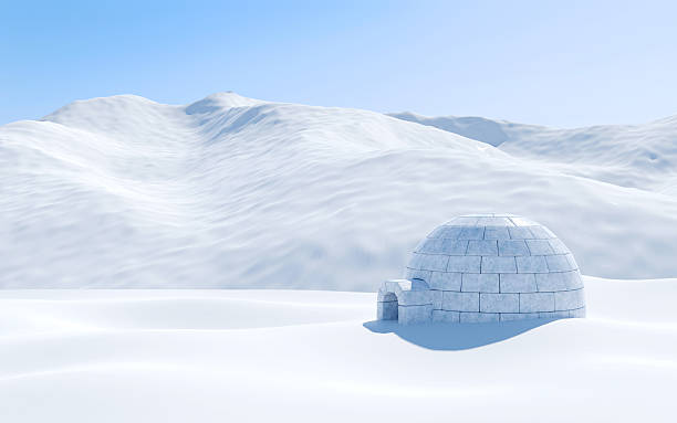 Igloo isolated in snowfield with snowy mountain, Arctic landscape scene stock photo