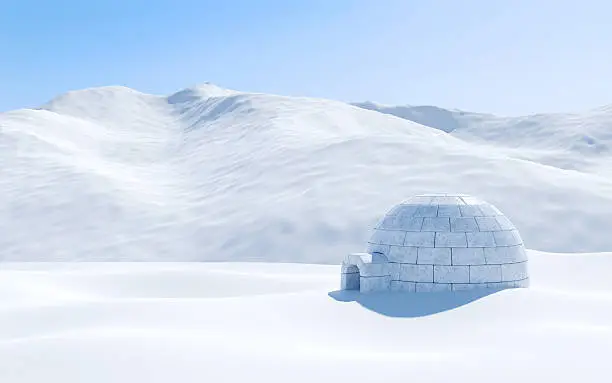 Photo of Igloo isolated in snowfield with snowy mountain, Arctic landscape scene