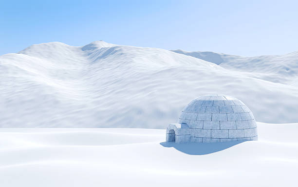 igloo isolated in snowfield with snowy mountain, arctic landscape scene - igloo imagens e fotografias de stock