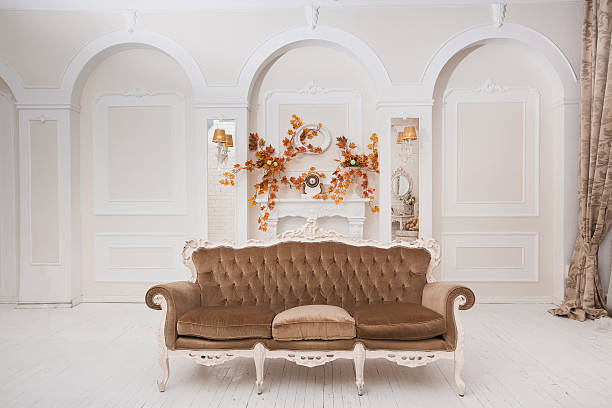 istock Spacious white wedding hall with autumn decoration 601134224