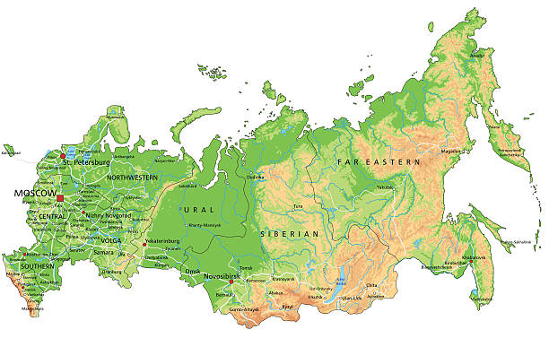 ilustrações, clipart, desenhos animados e ícones de mapa físico da rússia com rotulagem. - montes urales