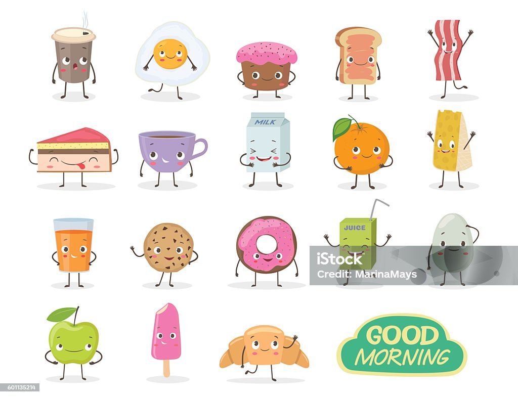 desayuno. Emoticono alimentos divertidos elementos carácter vectorial - arte vectorial de Alimento libre de derechos