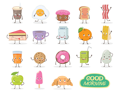 Breakfast. Emoticon food funny elements vector character. Different emotions collection.