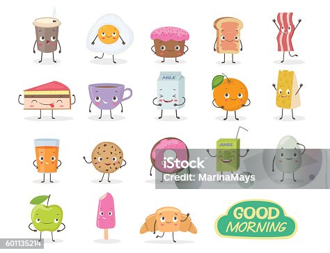 istock Breakfast. Emoticon food funny elements vector character 601135214