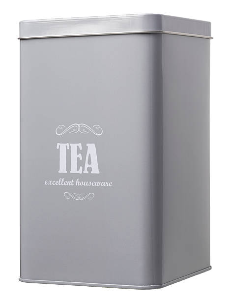 istock Metal gray can for loose leaf tea with white label. 601135710