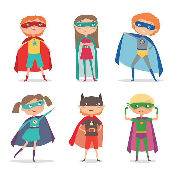 Vector illustration of Superhero kids boys and girls. Cartoon vector illustration