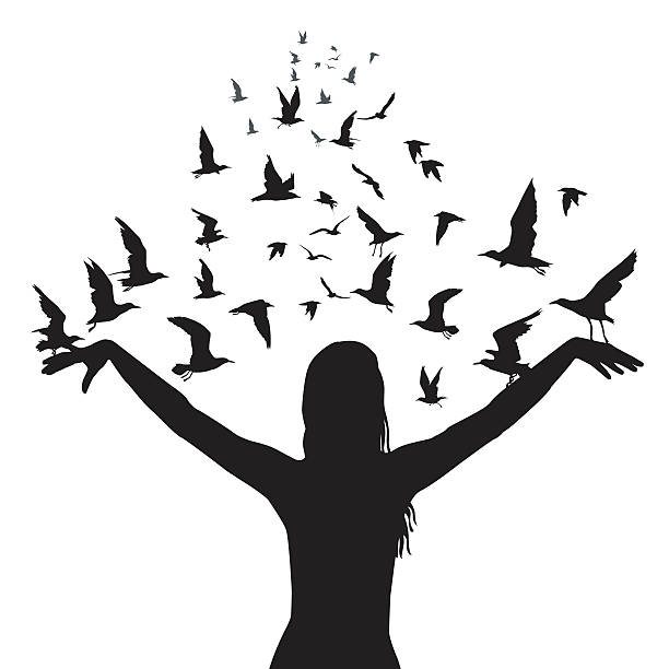 Learning to fly concept with silhouettes of woman and birds Learning to fly abstract concept with silhouettes of woman and birds women flying bird freedom stock illustrations