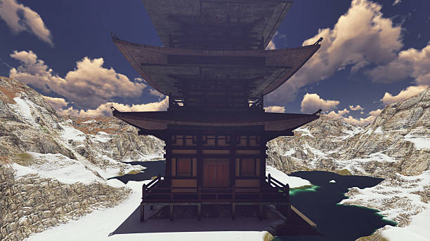 istock Buddhist Temple in rocky mountains 3d rendering 601137112
