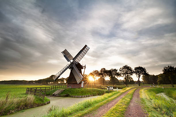 morning sunshine behind old Dutch windmill in summer, Netherlands
