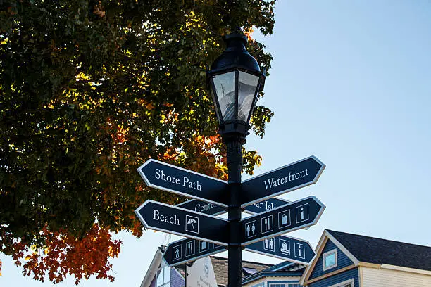 Guidepost in the port of Bar Harbor (Maine, USA) showing the way to the waterfront and the beach area