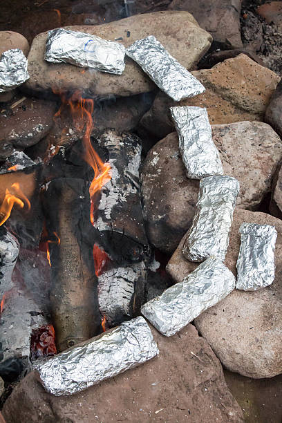 Campfire cooking - foil wrapped dinner cooking around a fire