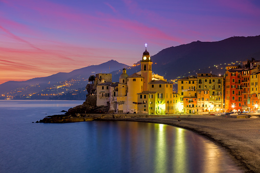 Beautiful Small Mediterranean Town at the evening time with illumination - Camogli, Italy, European travel