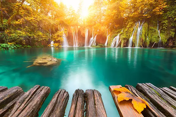 Plitvice Lakes National Park at sunset