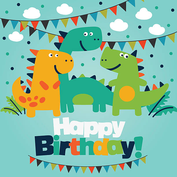 illustrazioni stock, clip art, cartoni animati e icone di tendenza di buon compleanno, con divertente bella carta con dinosauri e garlands - baby congratulating toy birthday