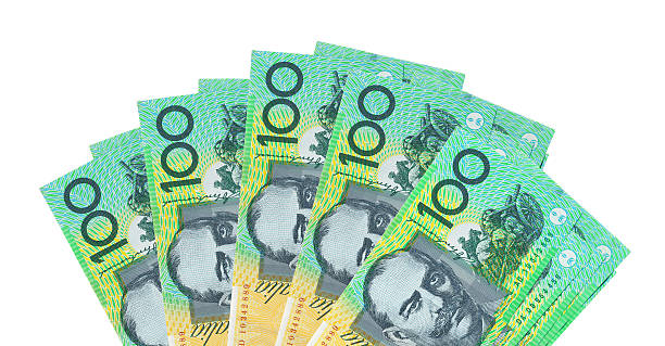 Australian 100$ Notes background Isolated on white stock photo