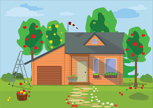 istock Country wooden eco house with fruit trees. Vector illustration. 601154278