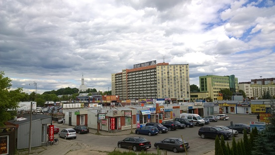 Białystok, Poland — 6 June, 2016: View on the market shopping district in central Białystok.