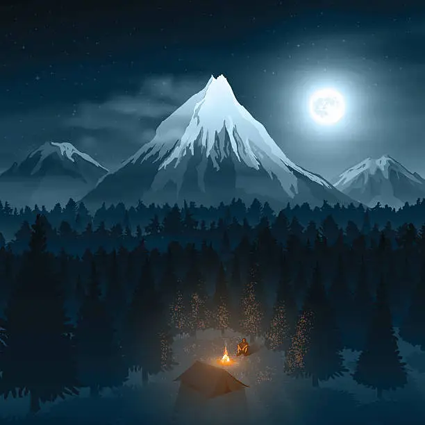 Vector illustration of Mountain Landscape with the Traveler in Deep Forest