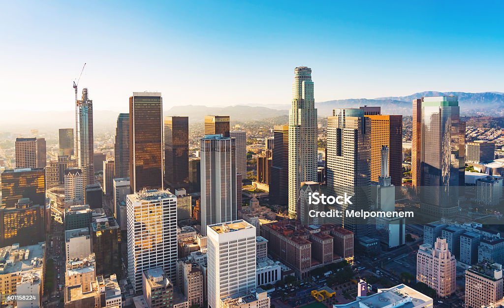 Aerial view of a Downtown LA at sunset Aerial view of a Downtown Los Angeles at sunset City Of Los Angeles Stock Photo