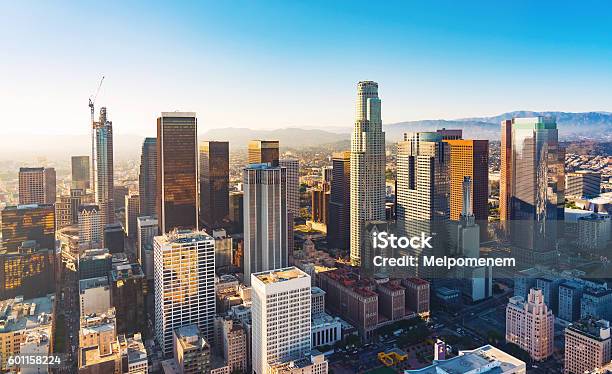 Aerial View Of A Downtown La At Sunset Stock Photo - Download Image Now - City Of Los Angeles, Los Angeles County, City