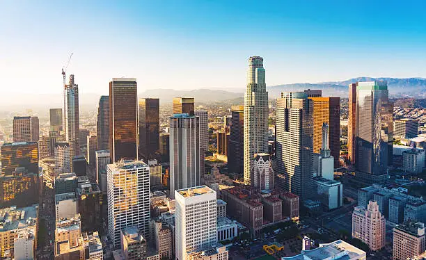 Photo of Aerial view of a Downtown LA at sunset