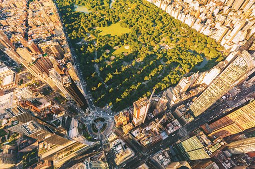 Aerial view of Columbus Circle and Central Park in New York CIty at sunset