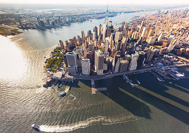 Aerial view of lower Manhattan New York City Aerial view of lower Manhattan New York City and the Hudson River hudson river stock pictures, royalty-free photos & images