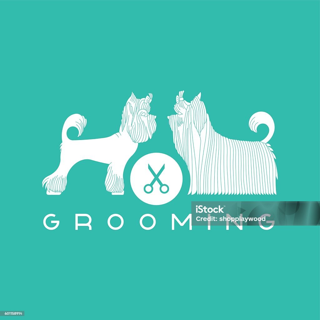 Pet grooming poster Vector dog beauty grooming illustration with Yorkshire Terriers. Vector dogt grooming logo. Dog groomer logo. Animal Groomer stock vector